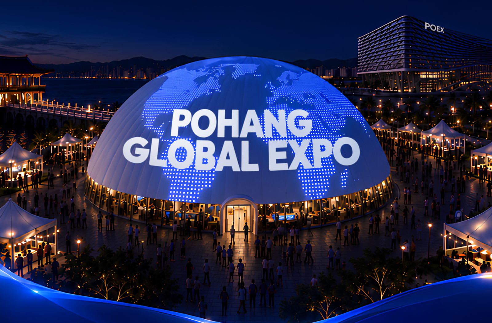 Night view of the POHANG GLOBAL EXPO dome at Yeongildae Beach, Pohang, with the Yeongildae pavilion and festival grounds